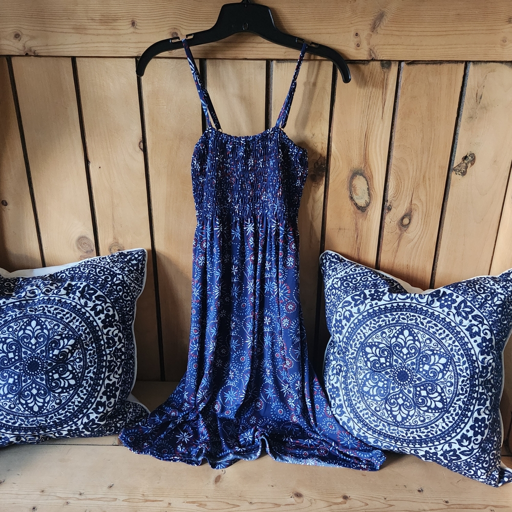 Blue Firework Pattern One Size Knee Length Womens Dress W Adjustable Straps